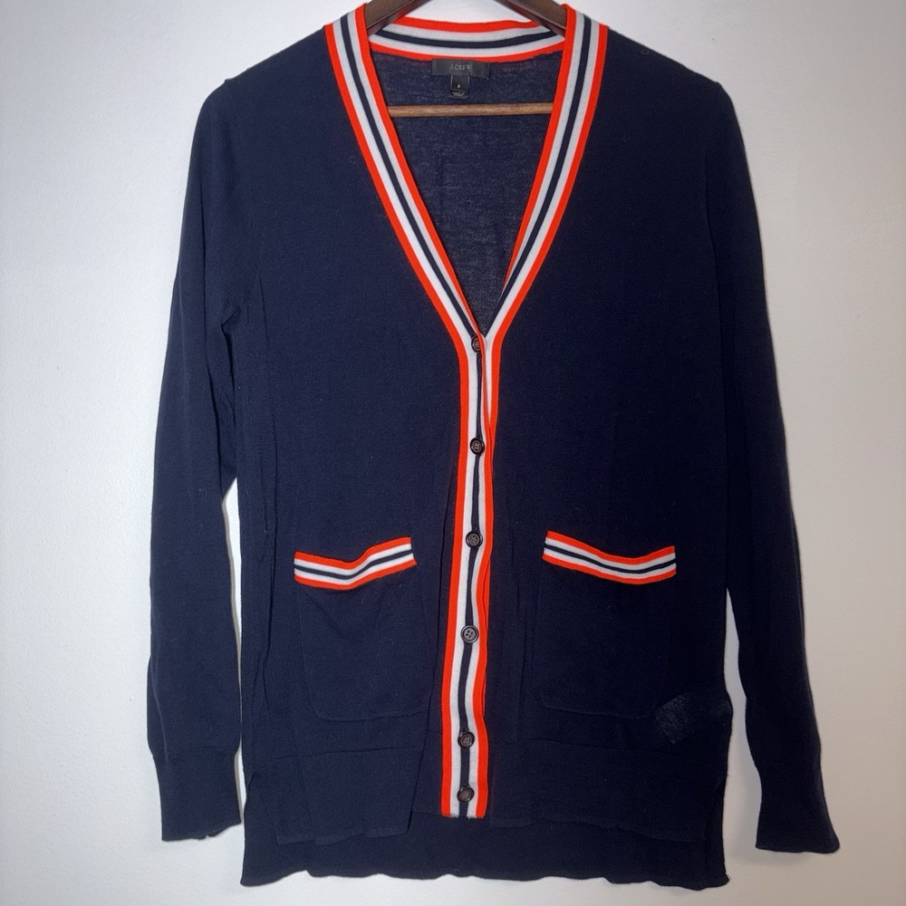 J. Crew Navy Cardigan Neon Orange Preppy Lightweight Small Varsity Collegiate
